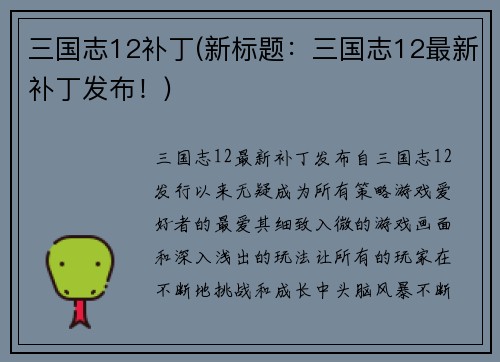 三国志12补丁(新标题：三国志12最新补丁发布！)